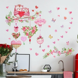 Hand-painted Valentine owl wall stickers with pink hearts and flowers for home decor