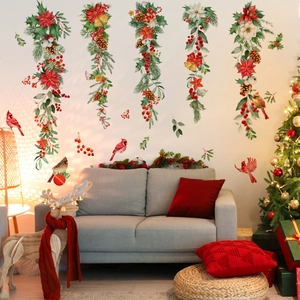 Stickers muraux de fleurs de Noël peints à la main avec guirlandes et oiseaux rouges