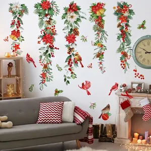 Stickers muraux de Noël avec fleurs rouges, feuilles de houx et oiseaux rouges sur mur de salon