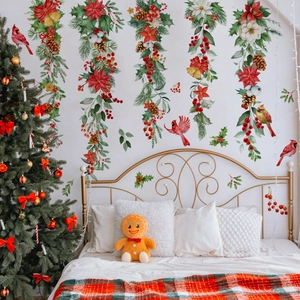 Stickers Muraux de Noël Peints à la Main Poinsettia Cardinal Oiseau Imperméable PVC Amovible Guirlande Suspendue Festive Décoration pour Maison Salon Chambre