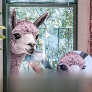 Detail of pink llama window sticker with static cling and double-sided printing