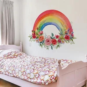 Watercolor rainbow wall stickers with floral leaves for girls bedroom nursery decor