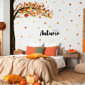 Hello Autumn maple leaf wall sticker set with tree trunk for bedroom decoration