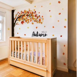 Hello Autumn wall decal with maple leaves and tree for a cozy nursery decoration