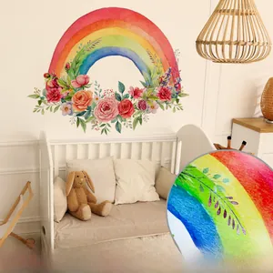 Detail of watercolor rainbow floral wall decal in nursery room with adhesive backing