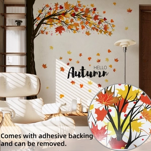 Detail of autumn maple tree wall sticker with HELLO Autumn text on minimalist wall