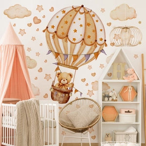 Hand-painted hot air balloon bear wall decals for children's room with watercolor clouds