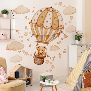 Watercolor teddy bear in hot air balloon wall decals for cozy kids nursery room decor