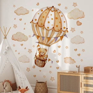 Teddy bear in hot air balloon wall decal with stars and hearts for nursery room decor