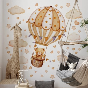 Hot Air Balloon Teddy Bear Wall Stickers PVC Self-Adhesive Removable Watercolor Nursery Kids Bedroom Playroom Room Decor