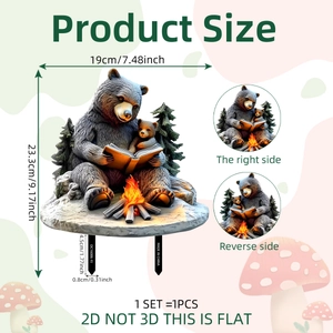 2D PVC garden stake decor featuring black bears reading by a campfire with size specs