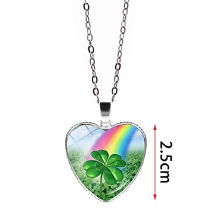 Silver heart necklace with green four-leaf clover and rainbow pendant, 2.5cm height