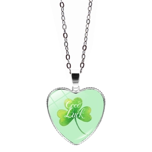 Lucky clover heart necklace in silver finish with Good Luck text on green background