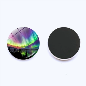 Front and back detail of crystal glass aurora fridge magnet with round magnetic backing