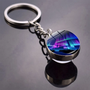 Aesthetic Aurora Northern Lights Double Sided Glass Ball Pendant Metal Keychain Zinc Alloy Key Ring For Women Men Jewelry Gift