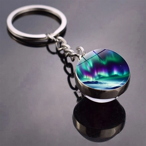 Detailed close-up of a double-sided aurora glass ball keychain with a silver metal ring