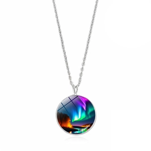 Minimalist silver aurora borealis forest pendant necklace with glass dome and metal chain