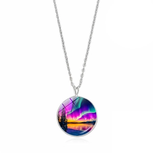 Aurora Borealis Northern Lights Necklace Glass Cabochon Round Forest Landscape Pendant Zinc Alloy Jewelry For Women