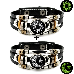 Luminous Sun Moon Multi Layer Woven Leather Bracelet With Alloy Wood Beads Glass Cabochon Vintage Punk Jewelry For Men Women