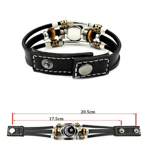 Luminous sun moon leather punk bracelet with braided beads and adjustable snap buttons