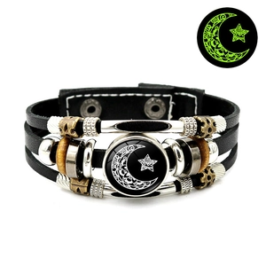 Luminous sun and moon leather bracelet for couples with woven beads and glow effect