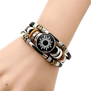 Glow in the dark sun and moon braided leather bracelet with multi-layer vintage beads