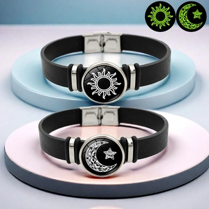 Leuchtendes Sonne Mond Paar Armband Legierung Glas Lederband Glow In The Dark Mode Armband Für Liebhaber Männer Frauen