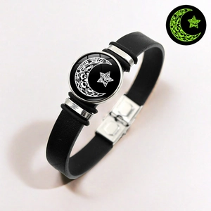 Leuchtendes Mond und Stern Lederarmband für Paare mit grünem Glow-in-the-Dark Effekt