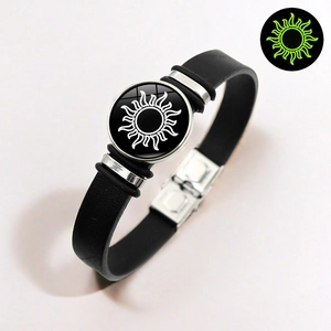 Schwarzes Lederarmband mit leuchtendem Sonnenmuster und Metallverschluss für Paare