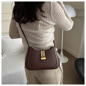 Detail of dark brown leather crescent bag featuring a gold geometric buckle on a white outfit
