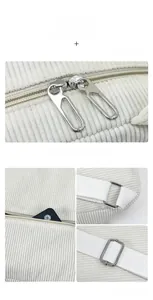 Détails d'un sac à dos en velours côtelé blanc avec fermetures éclair et boucles en métal