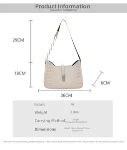 Detailed size chart of cream PU leather shoulder bag with crocodile pattern texture