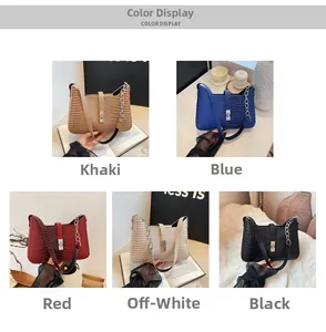 Collage of crocodile pattern shoulder bags in five colors with metal chain strap