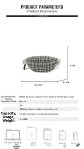 Detailed size chart of black and white checkered waist bag with 29.5x14cm dimensions