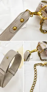 Close-up of beige saddle bag featuring gold hardware and fine stitching detail