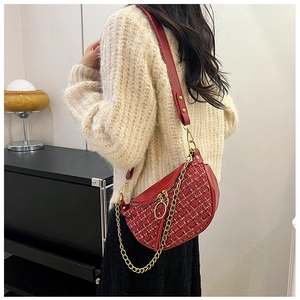 Detailed view of red tweed crescent bag with gold chain and ring zipper on a model