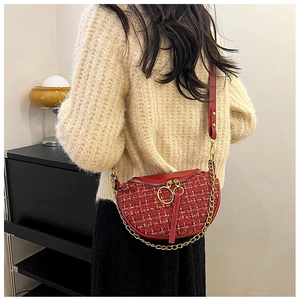Detail of red tweed saddle bag with gold ring zipper and metallic chain strap
