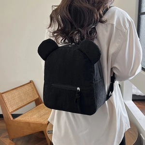 Mini sac à dos noir en velours côtelé avec oreilles d'ours et fermeture éclair argentée