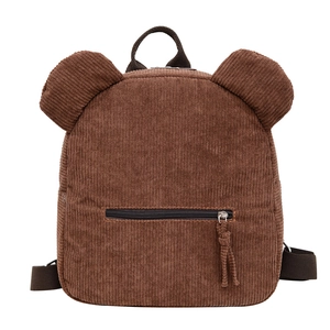 Mini sac à dos marron en velours côtelé avec oreilles d'ours et poche frontale