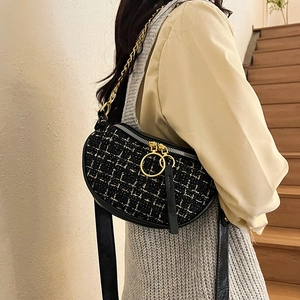 Women Tweed Crossbody Bag Fashion PU Leather Patchwork Dumpling Saddle Purse With Gold Chain And Wide Rivet Strap