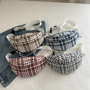 Minimalist plaid tweed waist bags in various colors with adjustable straps for women