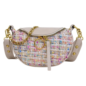 Multicolor tweed moon waist bag with gold ring zipper and adjustable strap for women