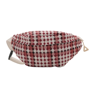 Retro red plaid crossbody chest bag with woven fabric texture and white strap