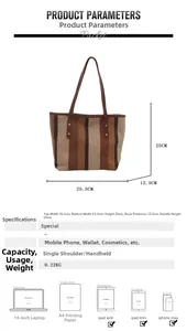 Detailed size chart and dimension guide for striped canvas tote bag with brown leather straps