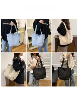 Collage of large capacity nylon tote bags in blue, beige, and black for daily commute