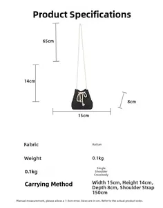 Detailed size specifications of black woven straw bucket bag with drawstring closure