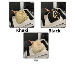 Detailed comparison of woven bucket bags in khaki, black, and cream white shades