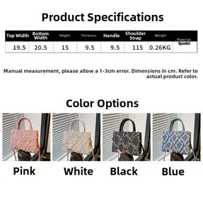 Size chart and color selection for quilted denim crossbody bag with fringe detail