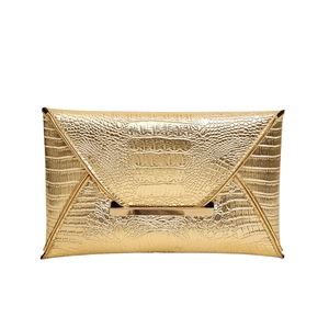 Elegant gold crocodile embossed envelope clutch bag with sleek metallic bar closure