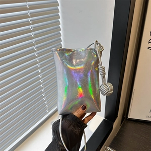 Petit Sac Bandoulière Moderne en Similicuir Plissé Métallique Holographique Laser Sac pour Téléphone Portable Pour Femmes